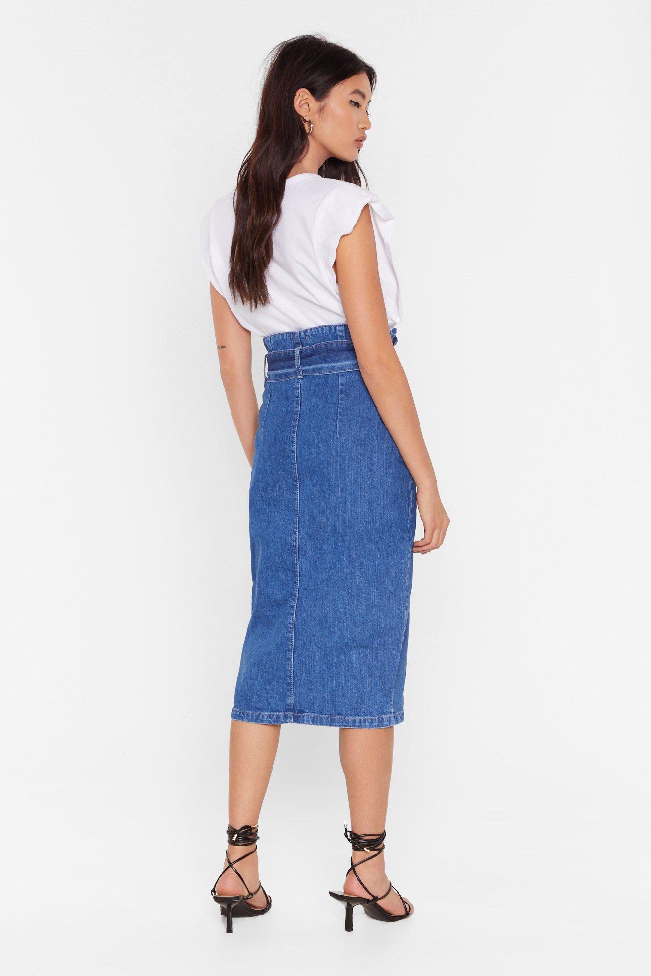 Paperbag denim sale midi skirt